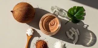 DIY tanning lotion homemade coconut oil with natural ingredients in a glass jar for glowing skin