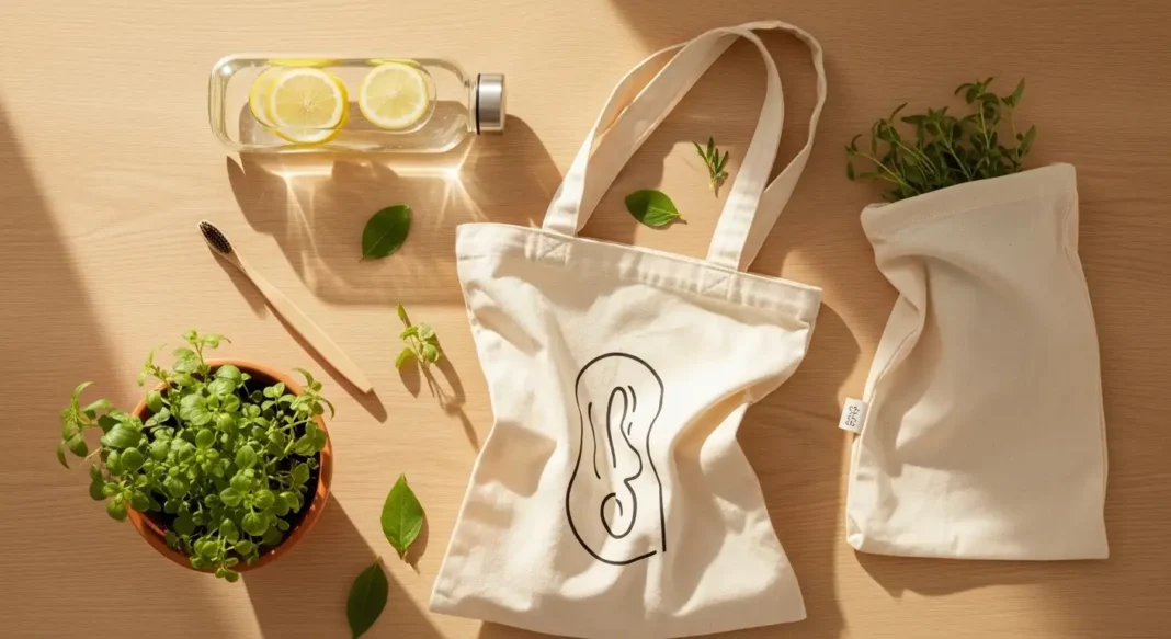 Eco-friendly everyday items including reusable bags, bamboo toothbrush, and glass bottles representing sustainable living practices