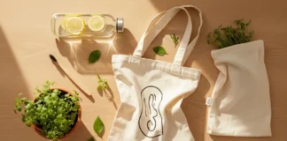Eco-friendly everyday items including reusable bags, bamboo toothbrush, and glass bottles representing sustainable living practices