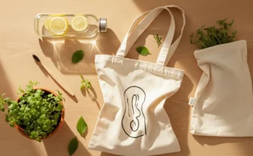 Eco-friendly everyday items including reusable bags, bamboo toothbrush, and glass bottles representing sustainable living practices