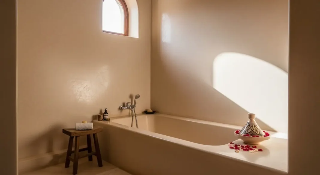 Elegant bathroom with smooth waterproof tadelakt plaster walls Elegant bathroom with smooth waterproof tadelakt plaster walls