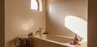 Elegant bathroom with smooth waterproof tadelakt plaster walls