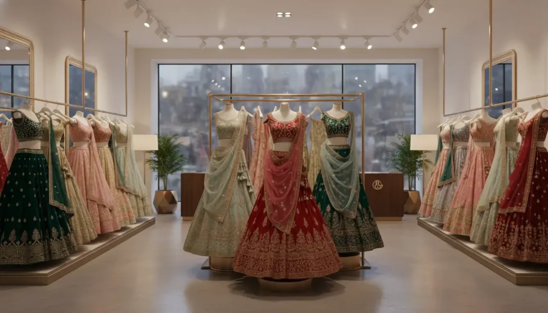 Elegant collection of lehengas for women in various styles and colors displayed in a boutique