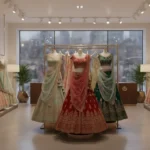 Elegant collection of lehengas for women in various styles and colors displayed in a boutique