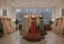 Elegant collection of lehengas for women in various styles and colors displayed in a boutique