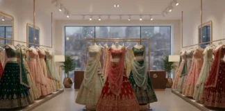 Elegant collection of lehengas for women in various styles and colors displayed in a boutique