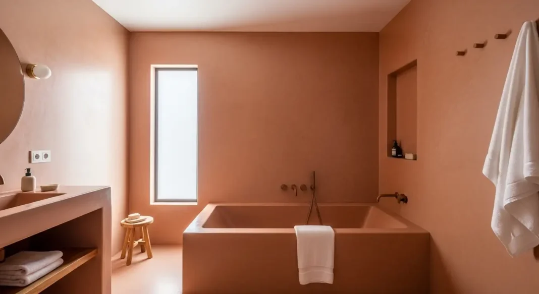 Elegant tadelakt bathroom with polished Moroccan lime plaster walls Elegant tadelakt bathroom with polished Moroccan lime plaster walls