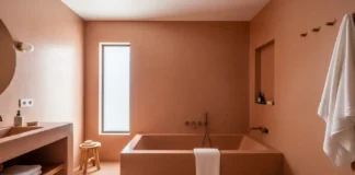 Elegant tadelakt bathroom with polished Moroccan lime plaster walls