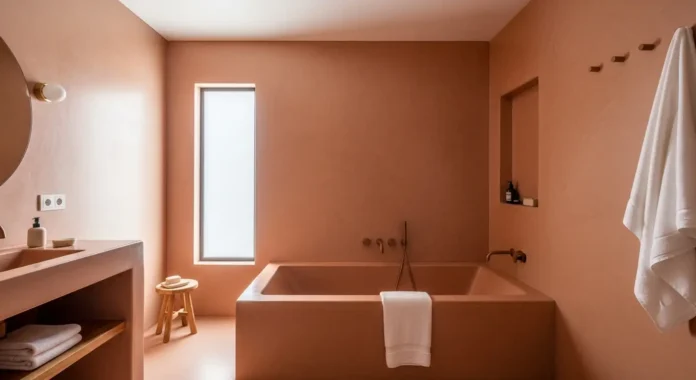 Elegant tadelakt bathroom with polished Moroccan lime plaster walls