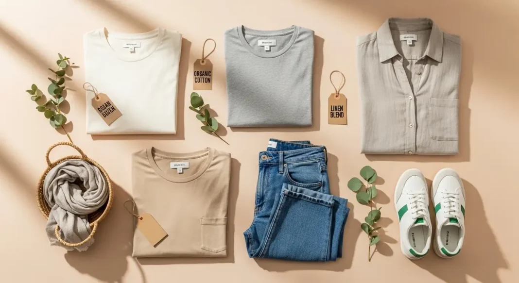 Flat lay of leading sustainable clothing pieces including organic cotton basics and eco-friendly fashion items in a minimalist neutral setting.