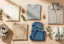 Leading Sustainable Clothing: 10 Brands to Know Flat lay of leading sustainable clothing pieces including organic cotton basics and eco-friendly fashion items in a minimalist neutral setting.