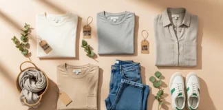 Flat lay of leading sustainable clothing pieces including organic cotton basics and eco-friendly fashion items in a minimalist neutral setting.
