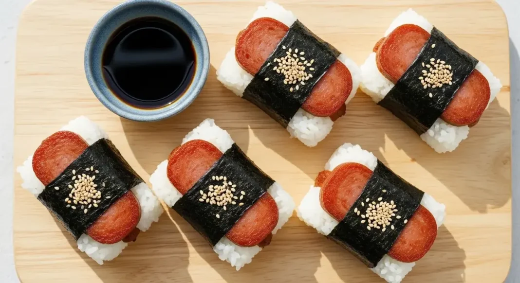 Homemade spam musubi wrapped in nori seaweed served on a wooden board with soy sauce dipping. Homemade spam musubi wrapped in nori seaweed served on a wooden board with soy sauce dipping.