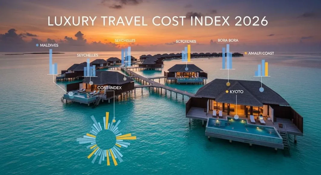 Luxury Travel Cost Index 2026 graphic showing a premium overwater resort with subtle data overlays representing global destination rankings