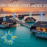 Luxury Travel Cost: Top 50 Destinations Ranked Luxury Travel Cost Index 2026 graphic showing a premium overwater resort with subtle data overlays representing global destination rankings