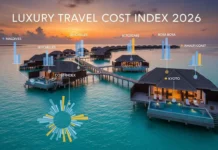 Luxury Travel Cost Index 2026 graphic showing a premium overwater resort with subtle data overlays representing global destination rankings