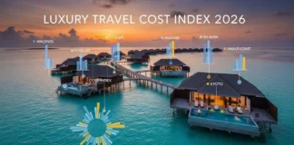 Luxury Travel Cost Index 2026 graphic showing a premium overwater resort with subtle data overlays representing global destination rankings