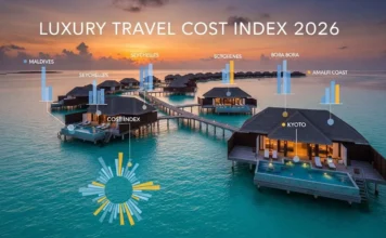 Luxury Travel Cost Index 2026 graphic showing a premium overwater resort with subtle data overlays representing global destination rankings