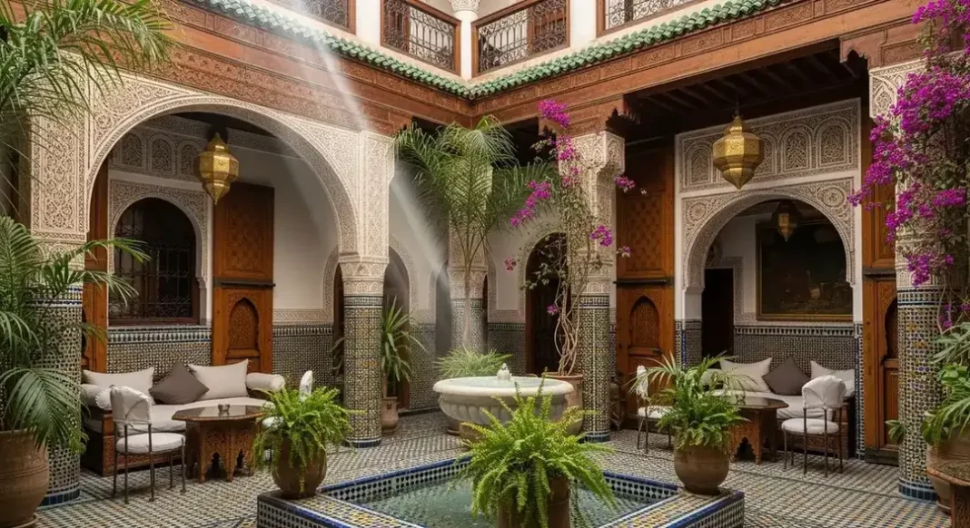 Luxury boutique riad courtyard in Fes with traditional Moroccan design and fountain Luxury boutique riad courtyard in Fes with traditional Moroccan design and fountain