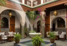 Luxury Boutique Hotel in Fes: 9 Best Stays to Book Luxury boutique riad courtyard in Fes with traditional Moroccan design and fountain