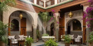 Luxury boutique riad courtyard in Fes with traditional Moroccan design and fountain