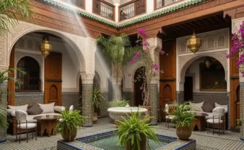 Luxury Boutique Hotel in Fes: 9 Best Stays to Book Luxury boutique riad courtyard in Fes with traditional Moroccan design and fountain