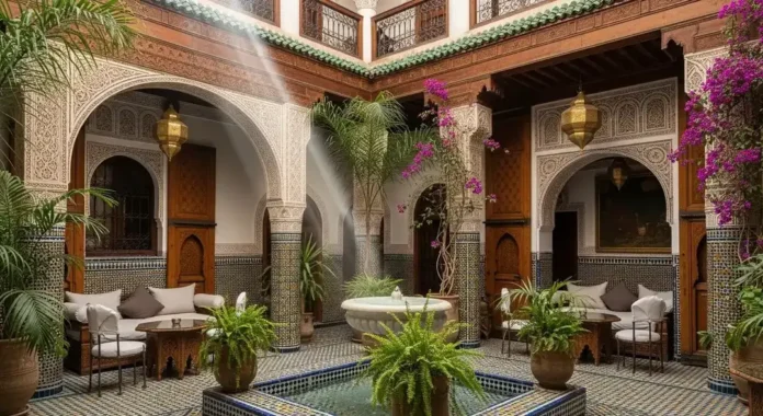 Luxury boutique riad courtyard in Fes with traditional Moroccan design and fountain
