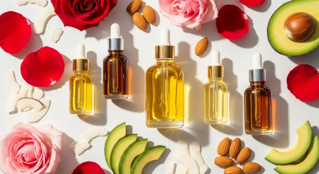 Natural carrier oils for skin in glass bottles with botanical ingredients for healthy glowing skincare