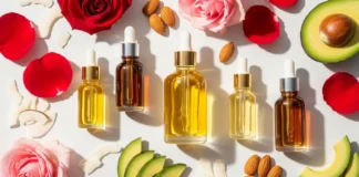 Natural carrier oils for skin in glass bottles with botanical ingredients for healthy glowing skincare