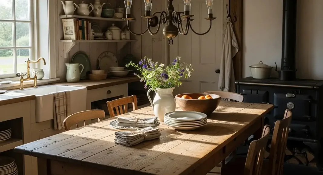 Rustic farmhouse dining table in a cozy kitchen with reclaimed wood and warm decor