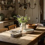 Rustic farmhouse dining table in a cozy kitchen with reclaimed wood and warm decor