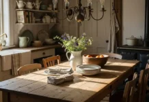 Rustic farmhouse dining table in a cozy kitchen with reclaimed wood and warm decor
