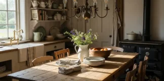 Rustic farmhouse dining table in a cozy kitchen with reclaimed wood and warm decor