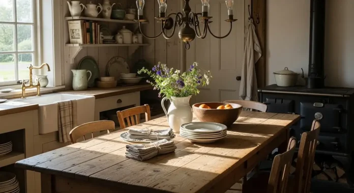 Rustic farmhouse dining table in a cozy kitchen with reclaimed wood and warm decor