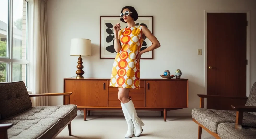 Sixties fashion for ladies featuring shift dress and go-go boots in a retro modern setting
