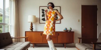 Sixties fashion for ladies featuring shift dress and go-go boots in a retro modern setting