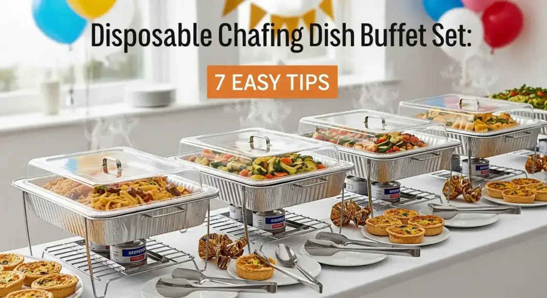 Stylish buffet table with disposable chafing dish buffet set keeping food warm at a party