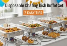 Stylish buffet table with disposable chafing dish buffet set keeping food warm at a party