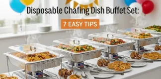 Stylish buffet table with disposable chafing dish buffet set keeping food warm at a party