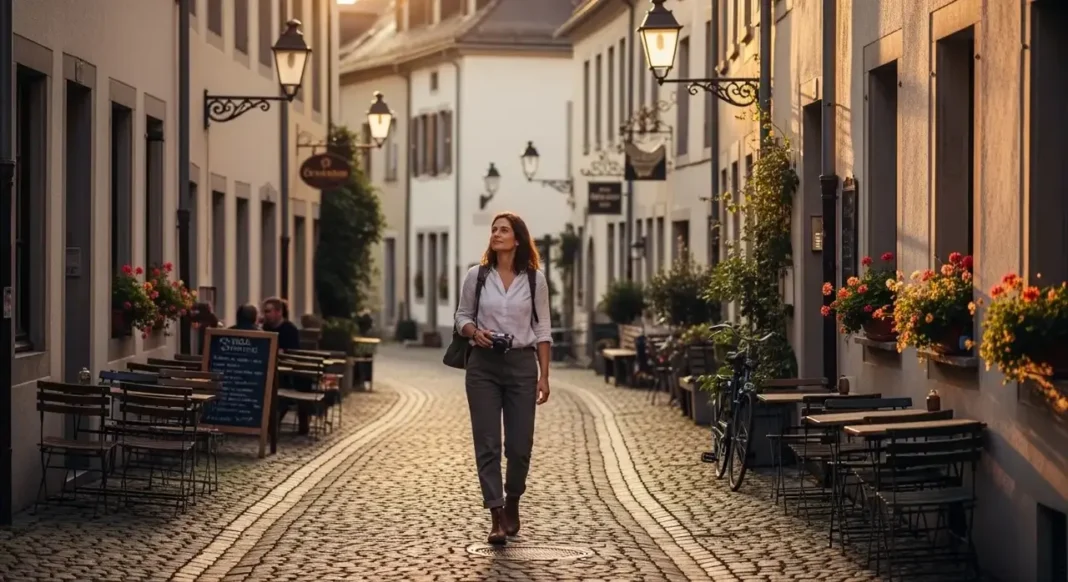 Traveler experiencing slower travel while walking peacefully through a quiet European street at sunset