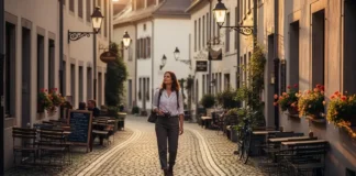 Traveler experiencing slower travel while walking peacefully through a quiet European street at sunset