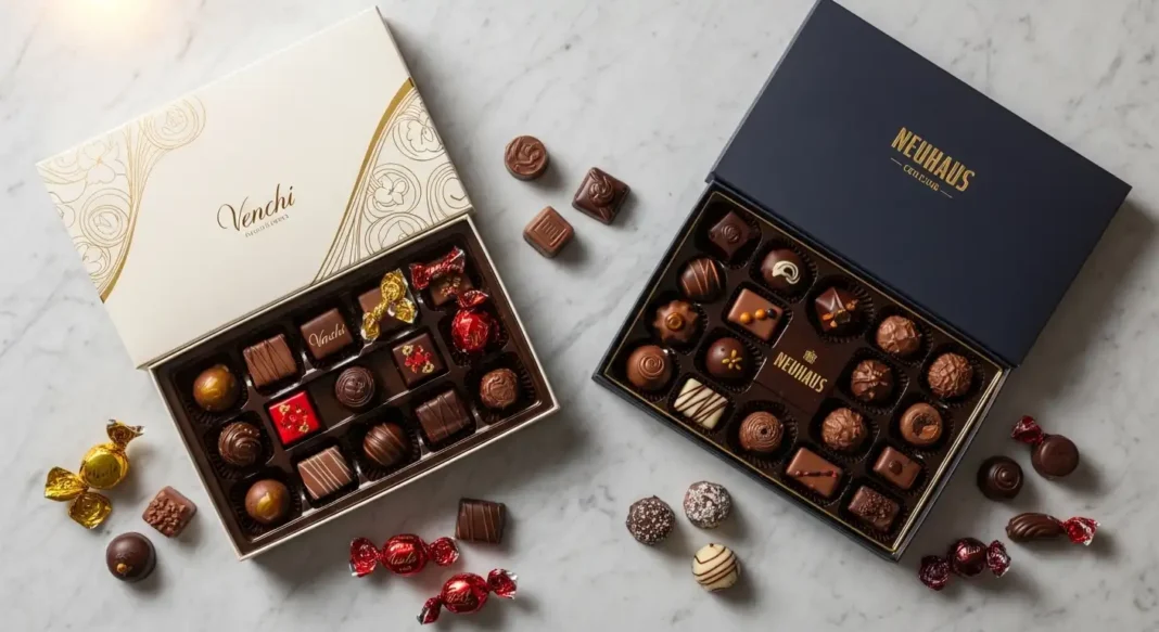 Venchi vs Neuhaus luxury chocolate comparison on marble surface Venchi vs Neuhaus luxury chocolate comparison on marble surface