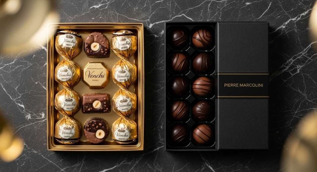 Venchi vs Pierre Marcolini luxury chocolate comparison flat-lay on marble surface Venchi vs Pierre Marcolini luxury chocolate comparison flat-lay on marble surface