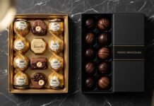 Venchi vs Pierre Marcolini luxury chocolate comparison flat-lay on marble surface