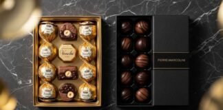 Venchi vs Pierre Marcolini luxury chocolate comparison flat-lay on marble surface