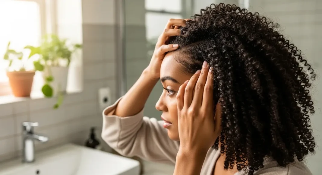 Woman applying oil to hair in a bright bathroom featuring Low Porosity Hair Care