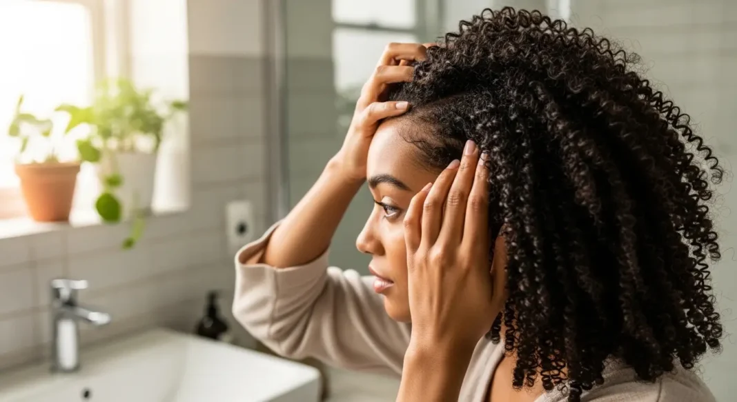 Woman applying oil to hair in a bright bathroom featuring Low Porosity Hair Care Woman applying oil to hair in a bright bathroom featuring Low Porosity Hair Care