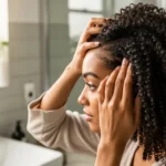 Low Porosity Hair Care: 11 Best Tips for Healthy Hair Woman applying oil to hair in a bright bathroom featuring Low Porosity Hair Care