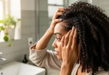 Low Porosity Hair Care: 11 Best Tips for Healthy Hair Woman applying oil to hair in a bright bathroom featuring Low Porosity Hair Care