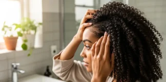 Woman applying oil to hair in a bright bathroom featuring Low Porosity Hair Care
